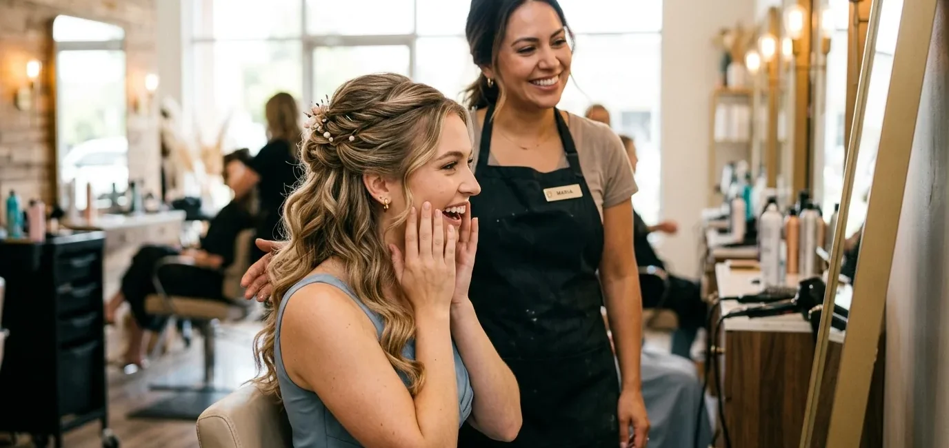 Woman admiring her completed bridesmaid half up half down hairstyle in salon mirror with stylist behind her
