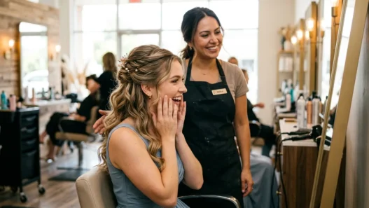 Woman admiring her completed bridesmaid half up half down hairstyle in salon mirror with stylist behind her