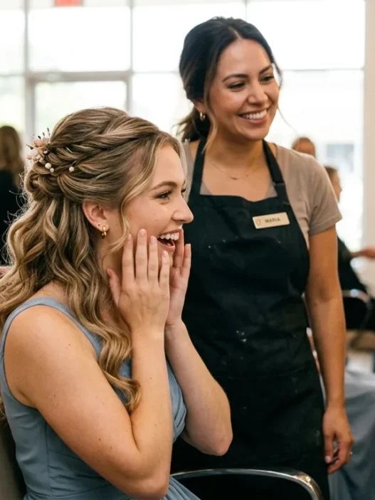 Woman admiring her completed bridesmaid half up half down hairstyle in salon mirror with stylist behind her