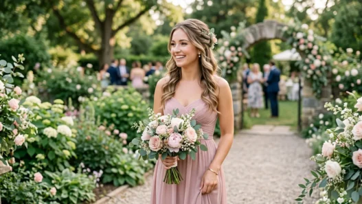 Bridesmaid with romantic half-up half-down hairstyle at outdoor wedding ceremony