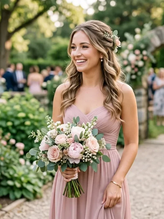 Bridesmaid with romantic half-up half-down hairstyle at outdoor wedding ceremony