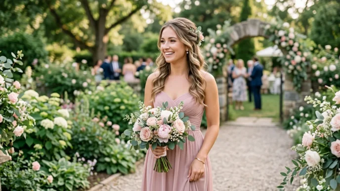 Bridesmaid with romantic half-up half-down hairstyle at outdoor wedding ceremony