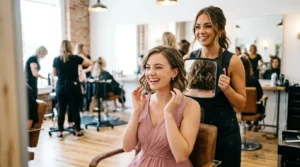 Bridesmaid seeing her new haircut for first time in salon mirror with stylist behind her