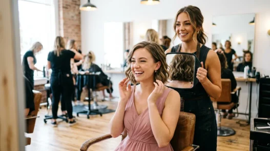 Bridesmaid seeing her new haircut for first time in salon mirror with stylist behind her