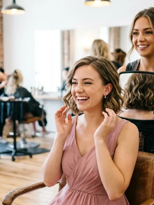 Bridesmaid seeing her new haircut for first time in salon mirror with stylist behind her