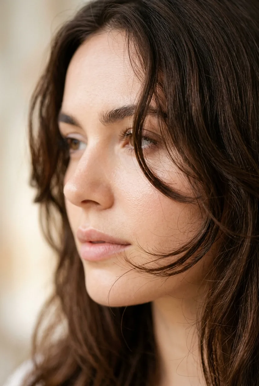 Close-up of brunette hair with subtle face-framing layers curling around cheekbone area