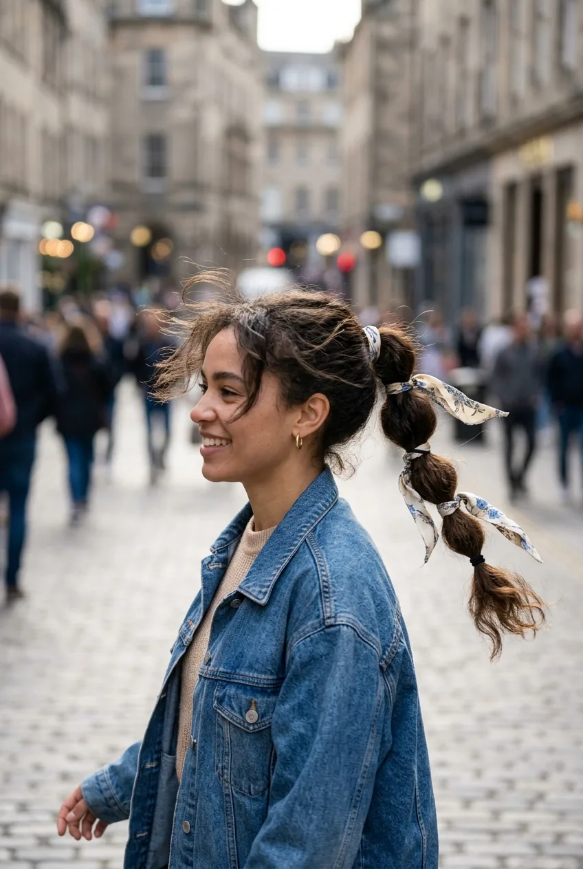 Woman with bubble ponytail featuring woven ribbon details through sections