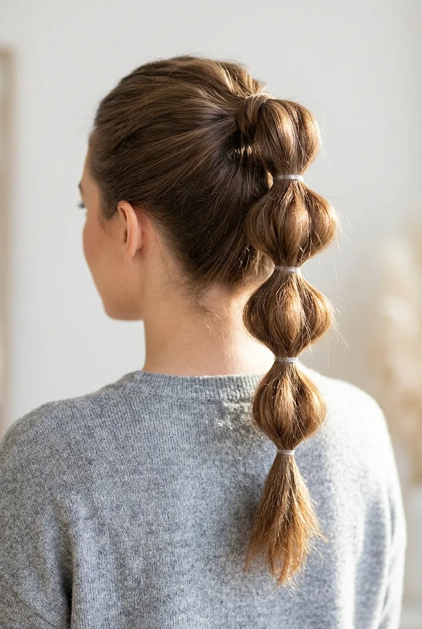 Bubble ponytail with multiple clear elastics creating segmented voluminous sections