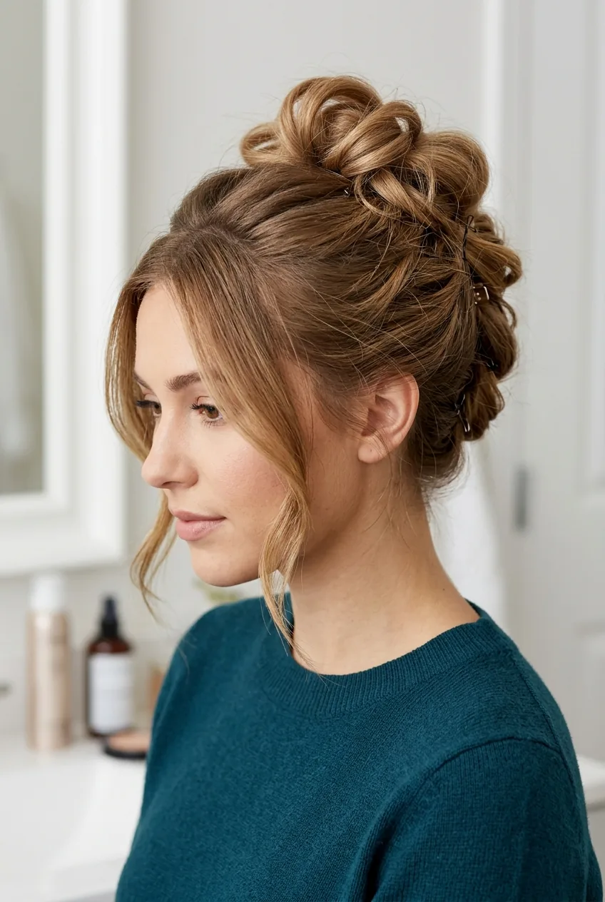 Three-quarter view of partially completed updo showing volume building with loose looped sections