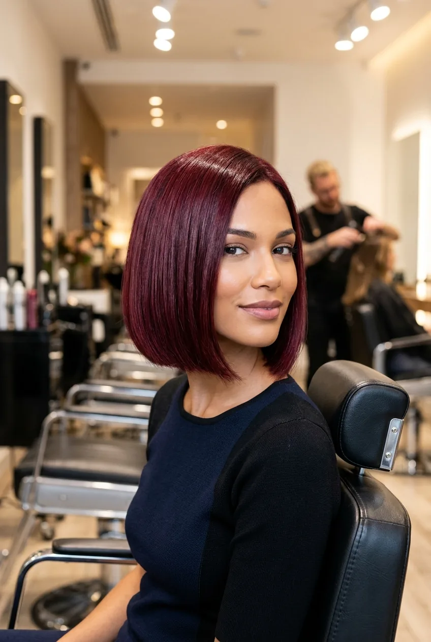 Finished bold burgundy bob haircut styled in professional salon with bright lighting showing color depth