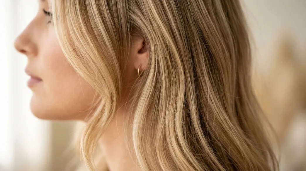 Woman with butter blonde balayage highlights showing seamless color transition from roots to ends