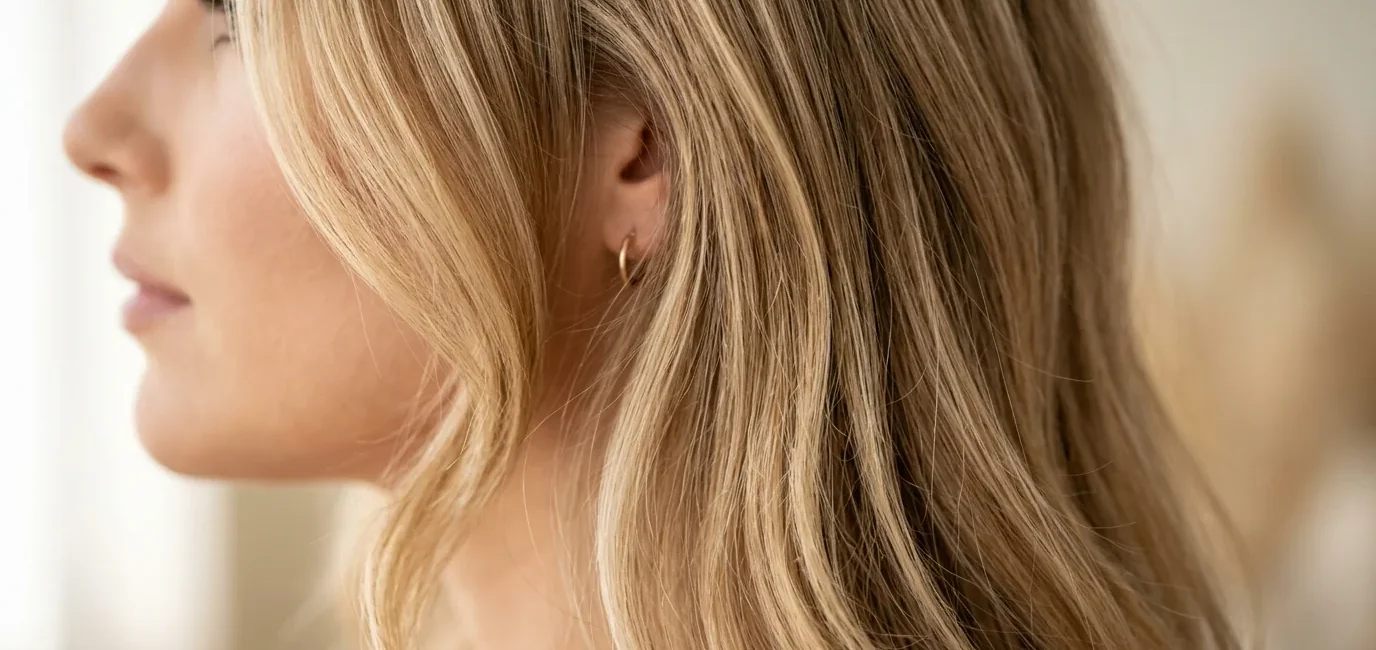 Woman with butter blonde balayage highlights showing seamless color transition from roots to ends
