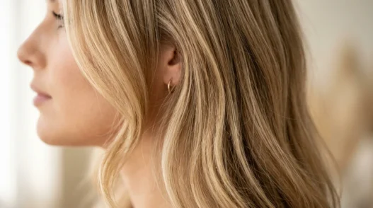 Woman with butter blonde balayage highlights showing seamless color transition from roots to ends