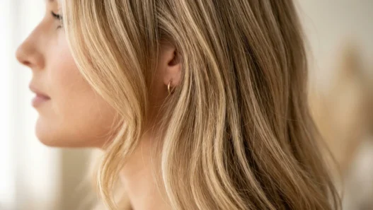Woman with butter blonde balayage highlights showing seamless color transition from roots to ends