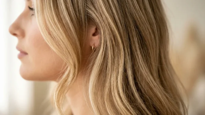 Woman with butter blonde balayage highlights showing seamless color transition from roots to ends