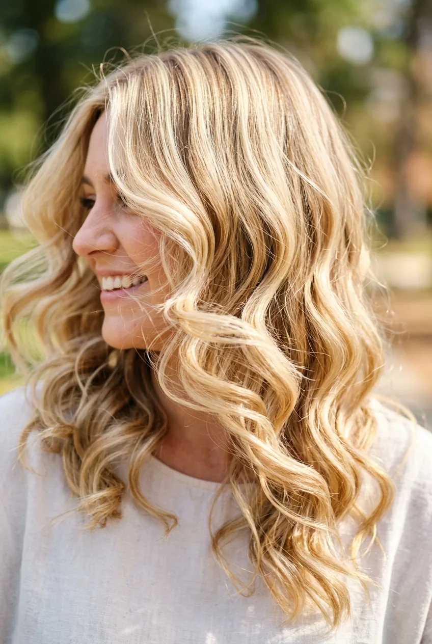 Dynamic close-up of butter blonde wavy hair in motion showing bounce and individual wave movement