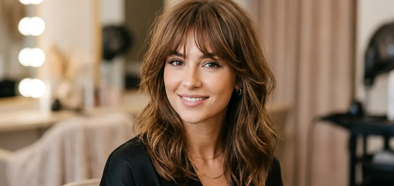 Woman with butterfly bangs showing soft layered fringe in professional salon lighting