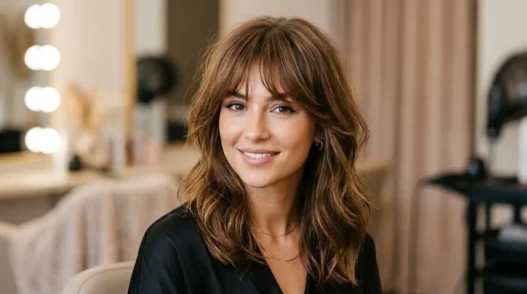 Woman with butterfly bangs showing soft layered fringe in professional salon lighting
