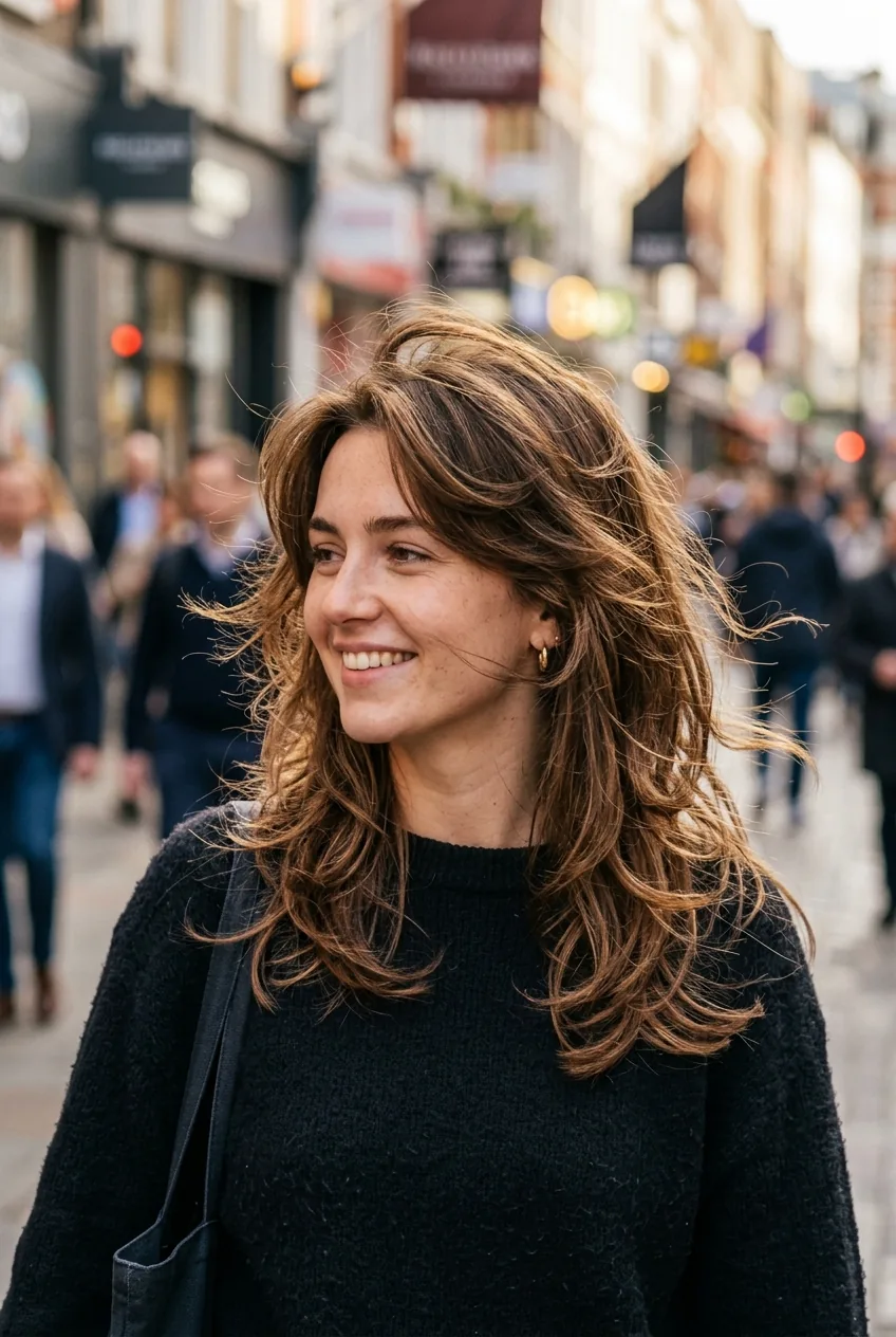 Woman with butterfly cut showing dramatic layering and movement in natural daylight