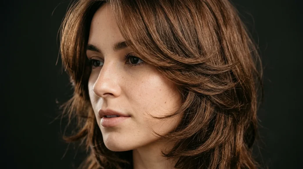 Woman with butterfly haircut showing dramatic face-framing layers and wing-like movement around face