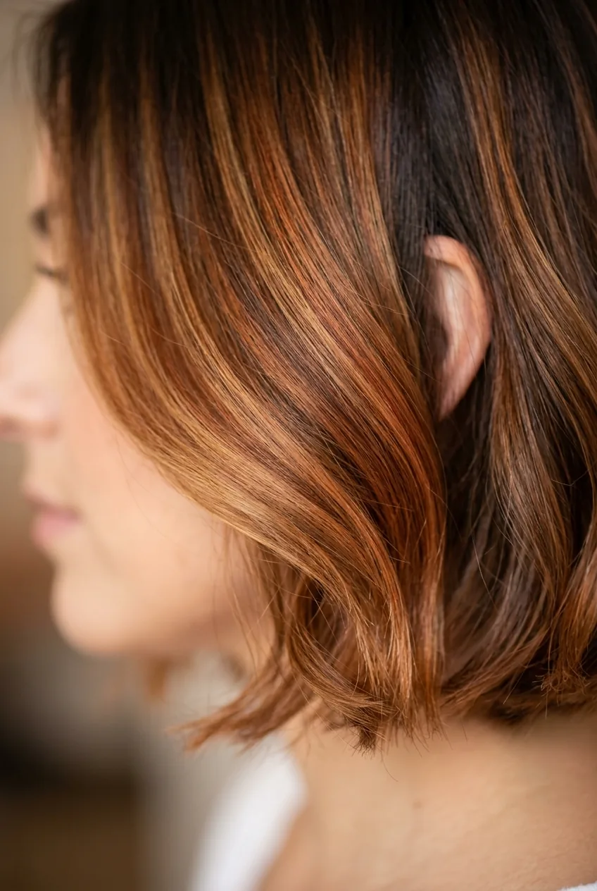 Caramel and copper balayage on classic bob with warm tones blending seamlessly