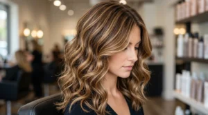 Woman with dimensional caramel highlights in brown hair showing transformation from flat to textured color