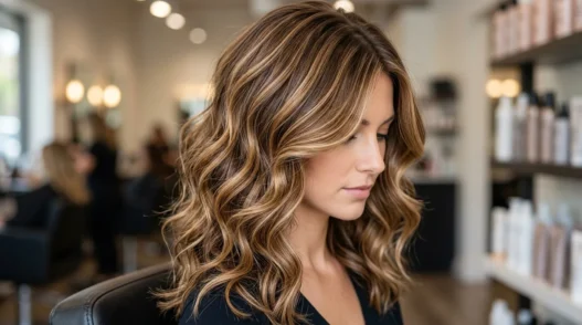Woman with dimensional caramel highlights in brown hair showing transformation from flat to textured color