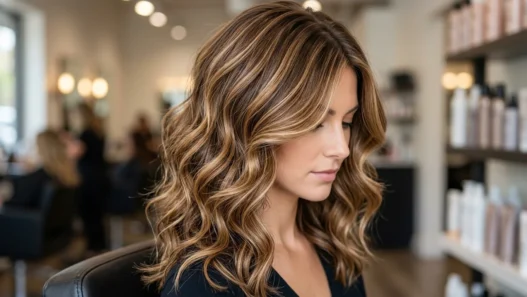 Woman with dimensional caramel highlights in brown hair showing transformation from flat to textured color