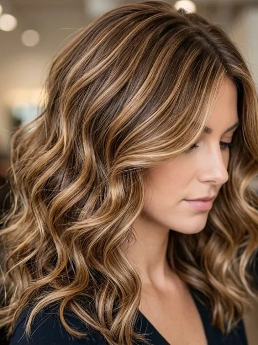 Woman with dimensional caramel highlights in brown hair showing transformation from flat to textured color