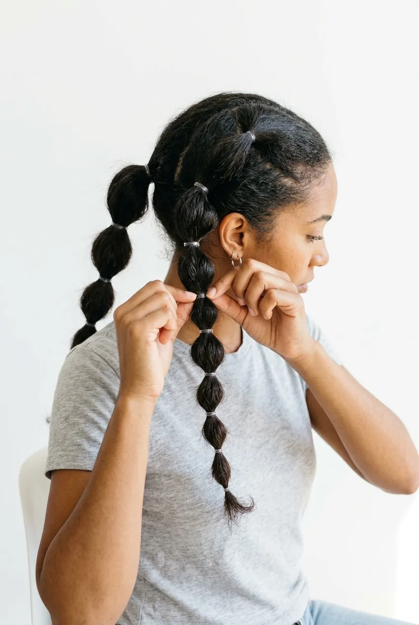 Profile showing three separate bubble ponytails with hands adjusting elastic spacing