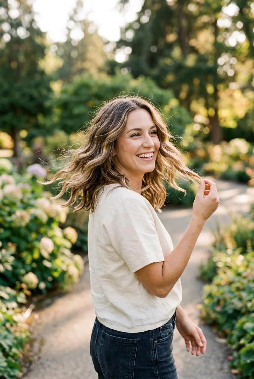 Woman with casually styled mid-length wavy hair touching shoulders in natural lighting