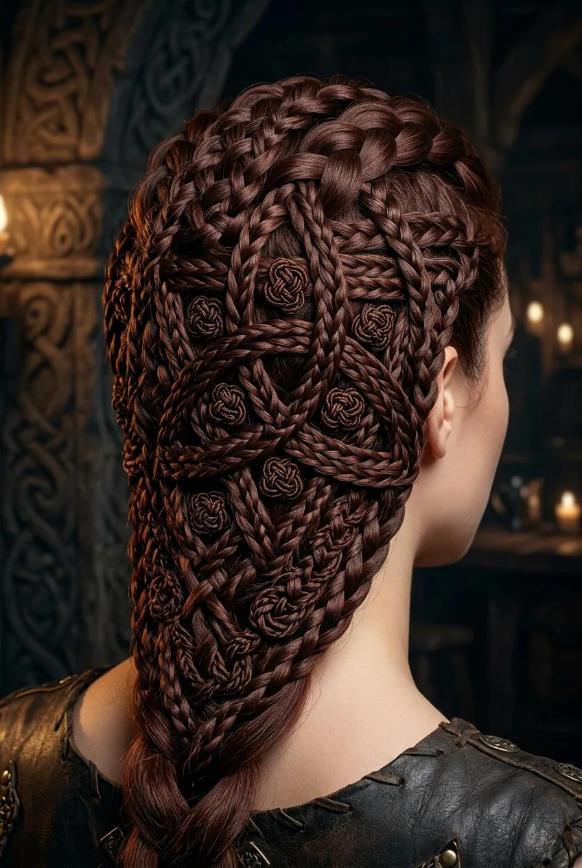 Celtic knot braids displaying geometric patterns and mini-knots in fantasy-inspired style with dramatic lighting