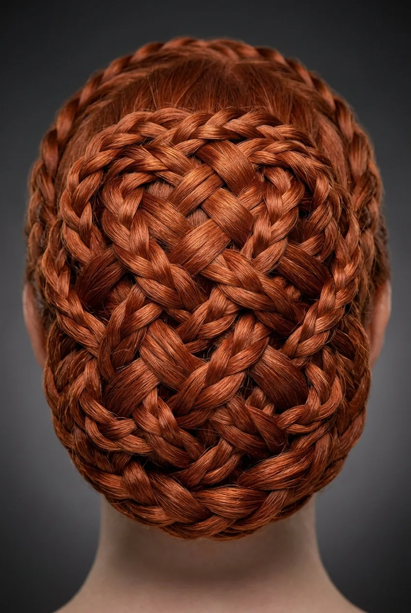 Celtic knot braid showing multiple interwoven sections creating geometric patterns in red hair