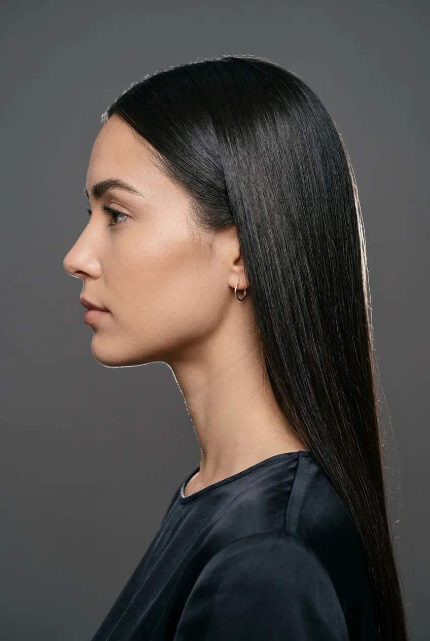 Woman with center-parted straight hair displaying clean symmetrical part line