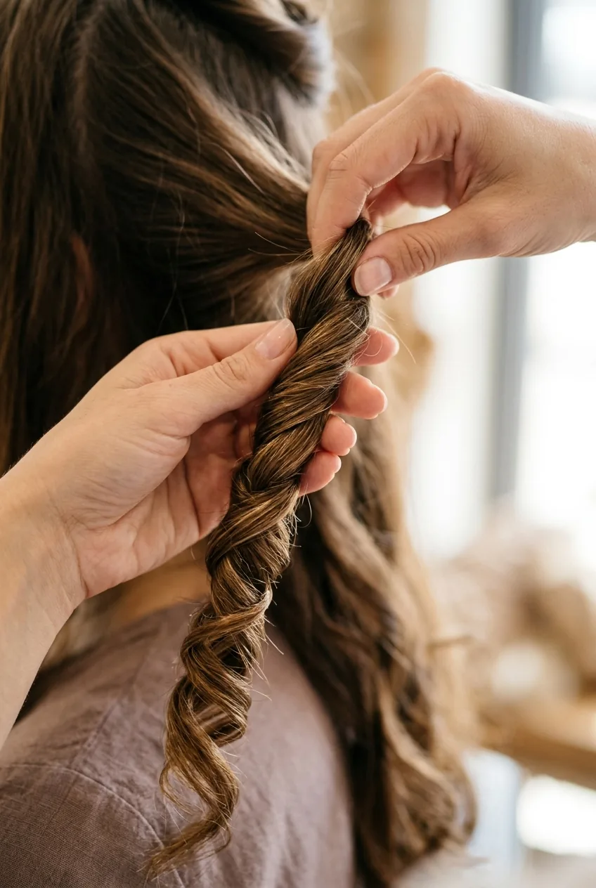Hands twisting a section of long hair clockwise creating natural coils for updo base