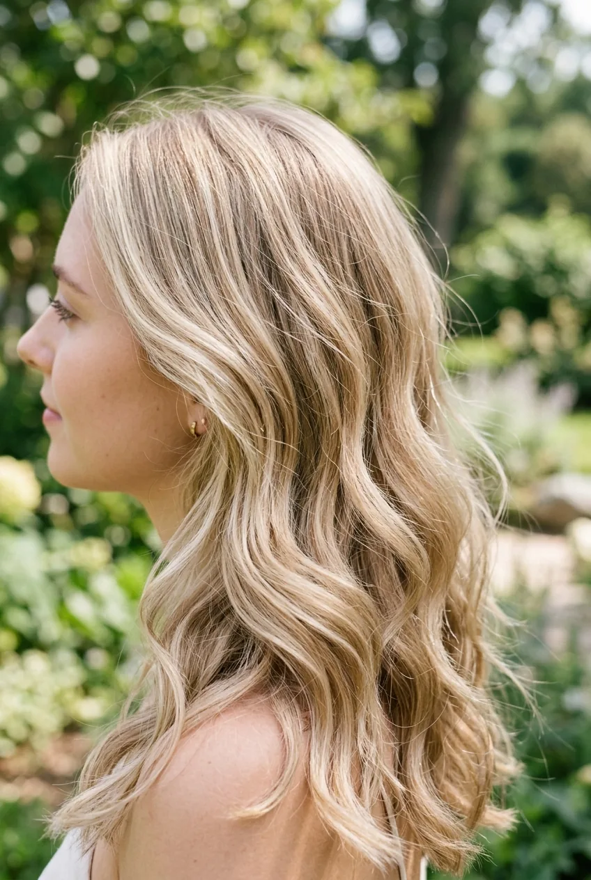 Detailed view of champagne blonde wavy hair texture showing natural wave pattern and dimensional color