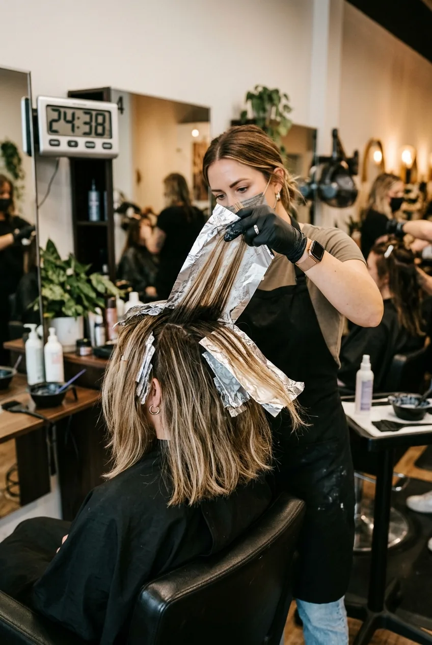 Stylist checking color development by lifting foil during balayage processing stage