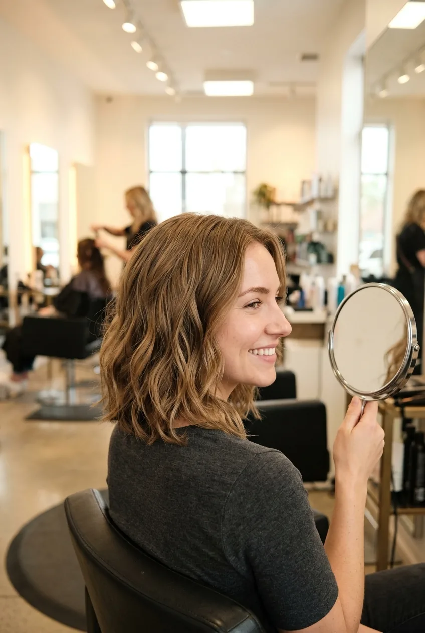 Woman using hand mirror to check side view of new shoulder length haircut in salon