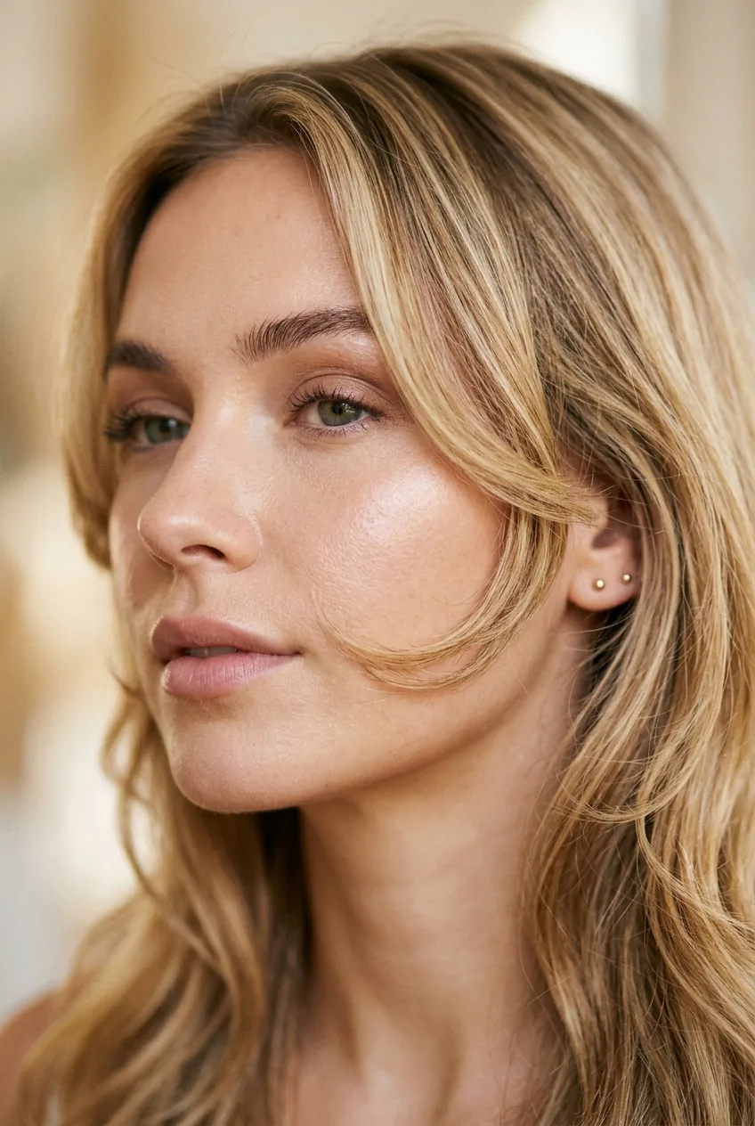Close-up of honey blonde face framing layers hitting precisely at cheekbone level