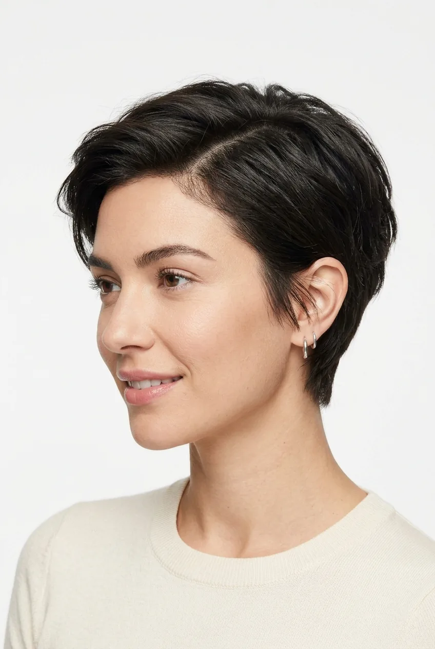 Woman with chic pixie cut featuring longer pieces on top and subtle side part