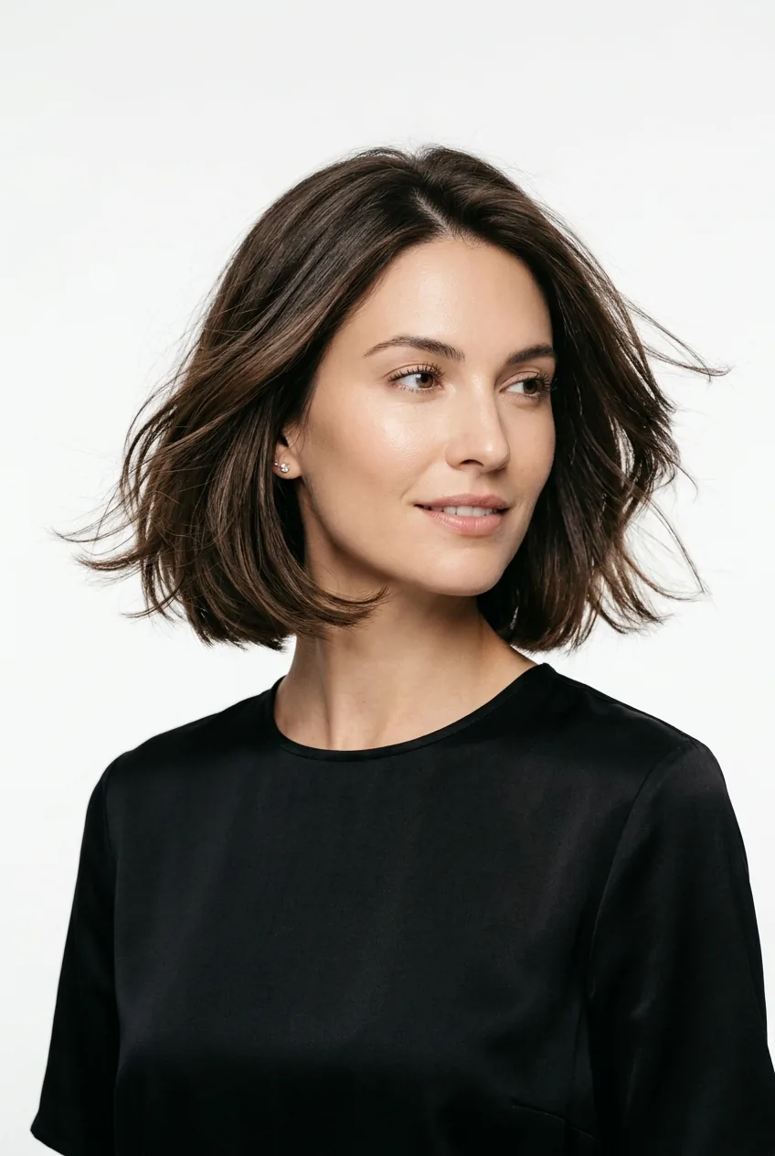 Woman with chin-length bob featuring subtle layers and classic movement