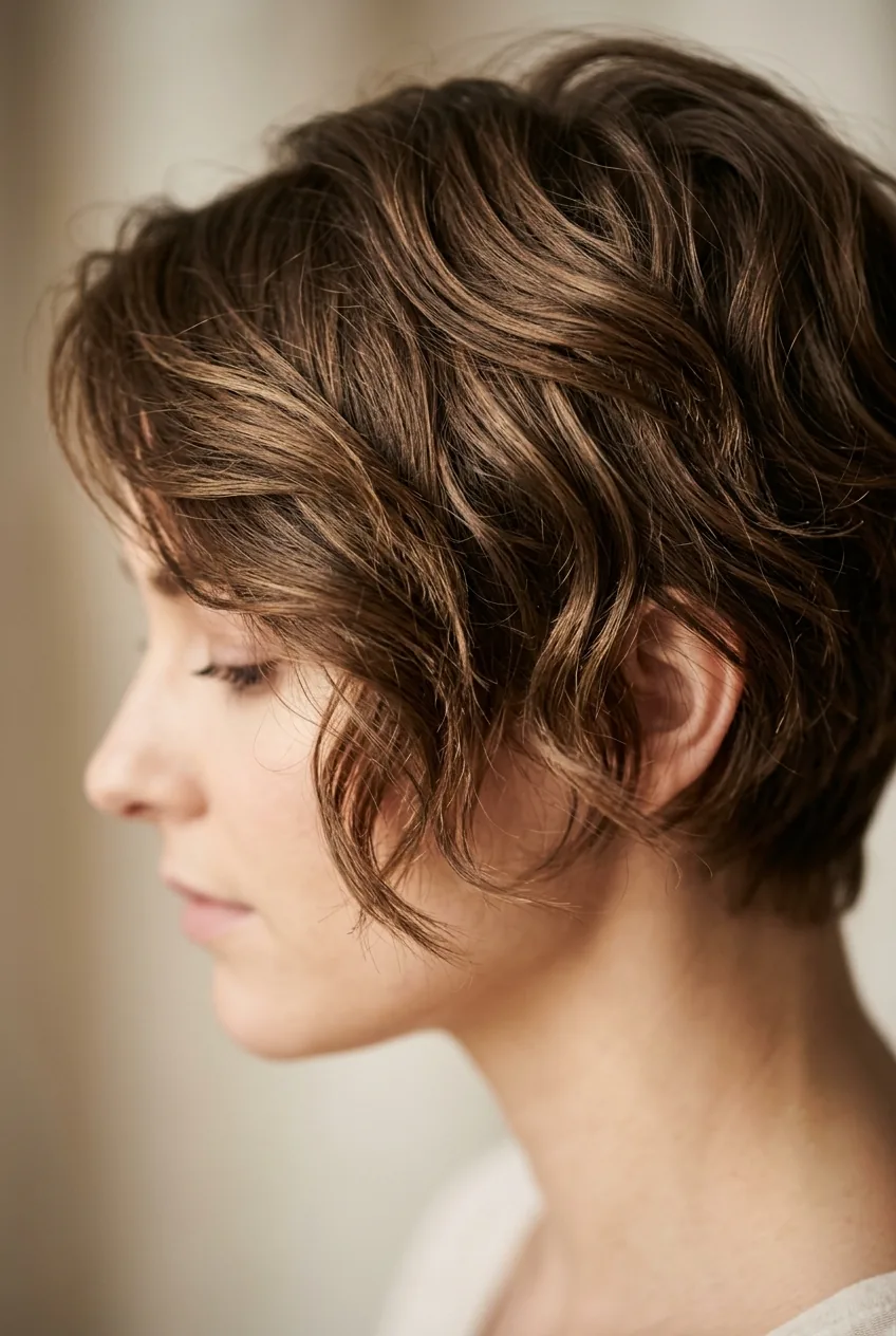 Woman with chin-length textured boy cut displaying layered movement and natural fall