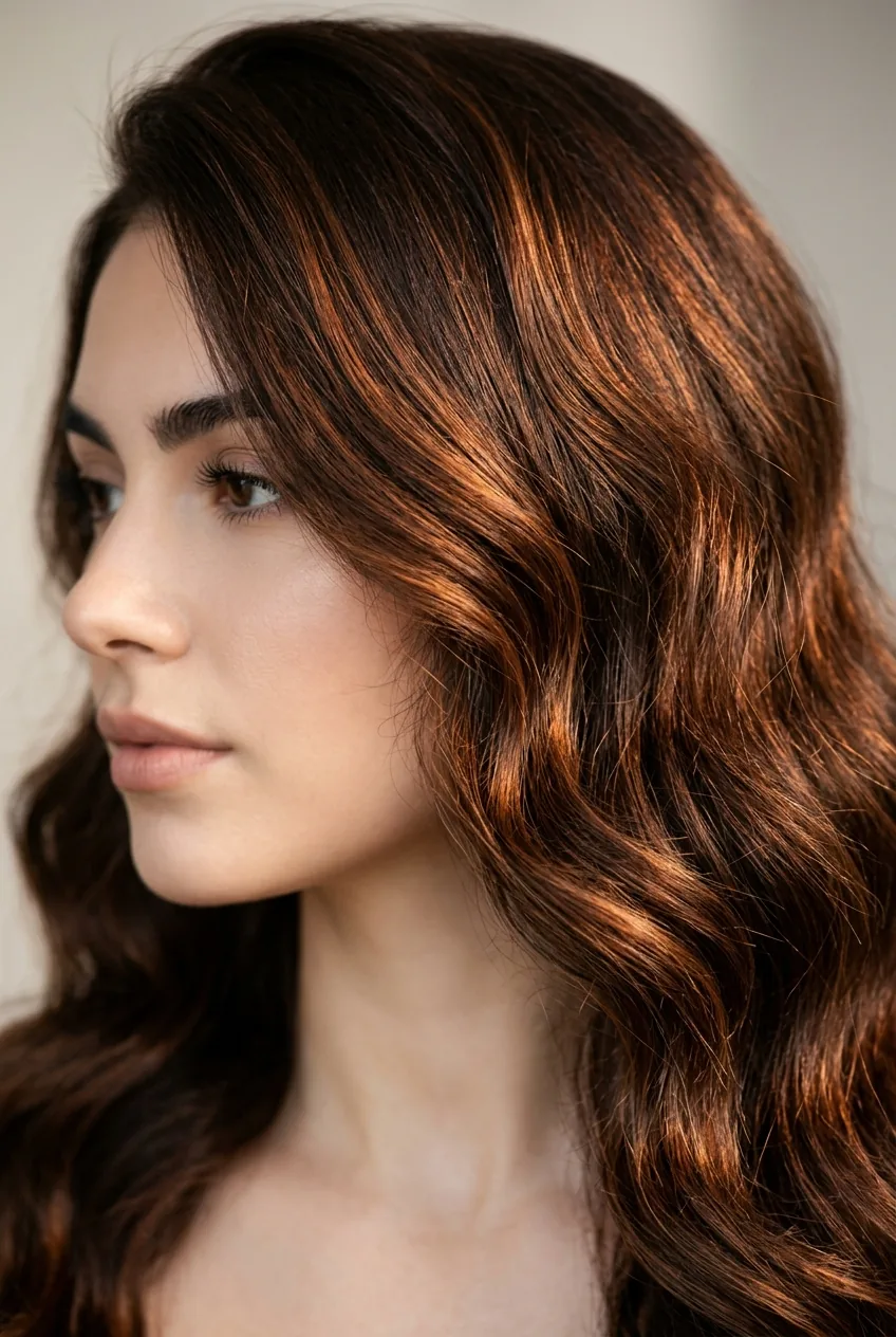Rich chocolate brown hair with copper highlights creating dimension and warmth in studio lighting