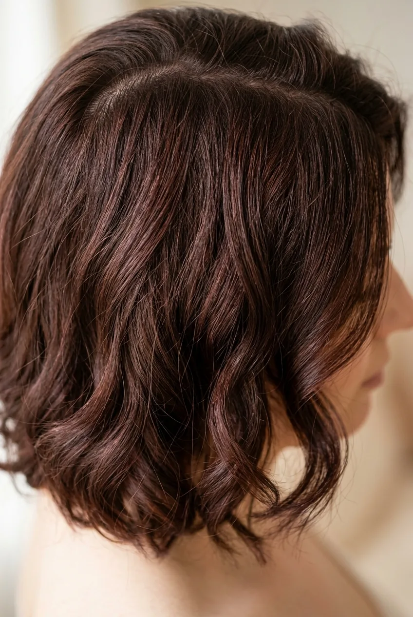 Chocolate brown hair with cherry undertones showing rich dimensional color depth