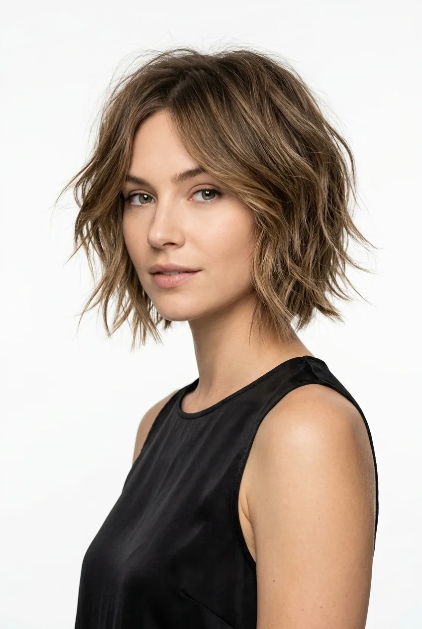 Woman with choppy bob displaying uneven lengths and natural texture