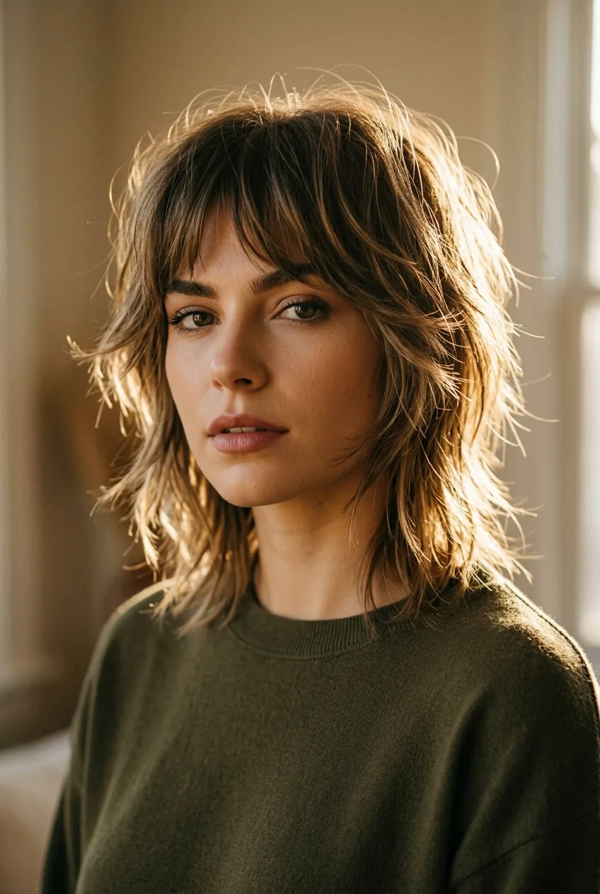 Front-facing portrait of woman with dramatic wolf cut featuring face-framing layers and air-dried styling