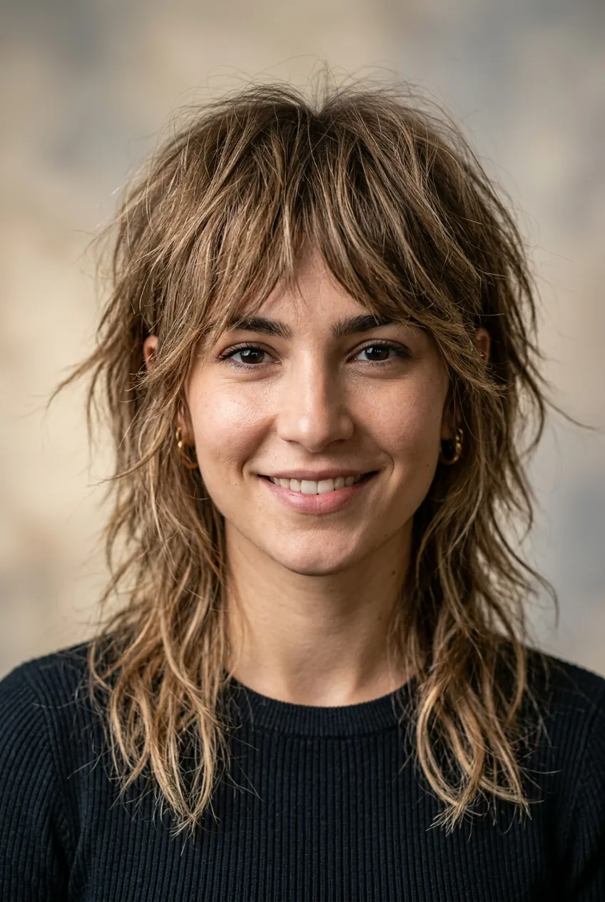 Frontal view of choppy shaggy mullet with irregular layers framing the face