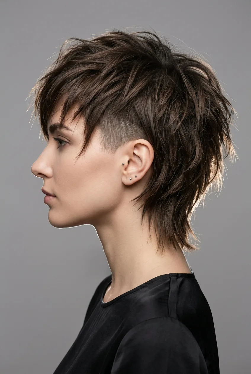 Woman with choppy layered cut featuring textured top layers and hidden undercut section