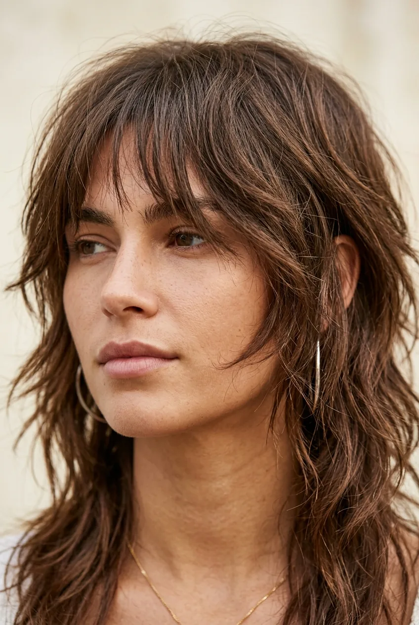 Detailed view of choppy shag layers and wispy bangs with natural movement and texture