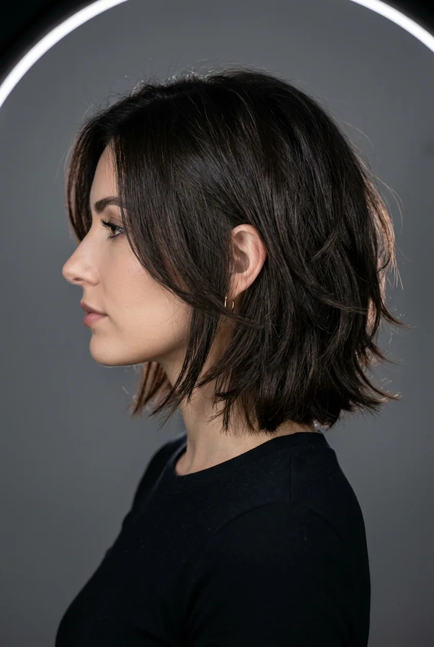 Woman with chunky layered bob featuring distinct separated layers with softened edges